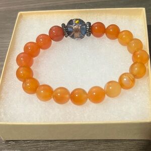 Carnelian Orange Beaded Bracelet with Decorative Bead Stretch Bracelet